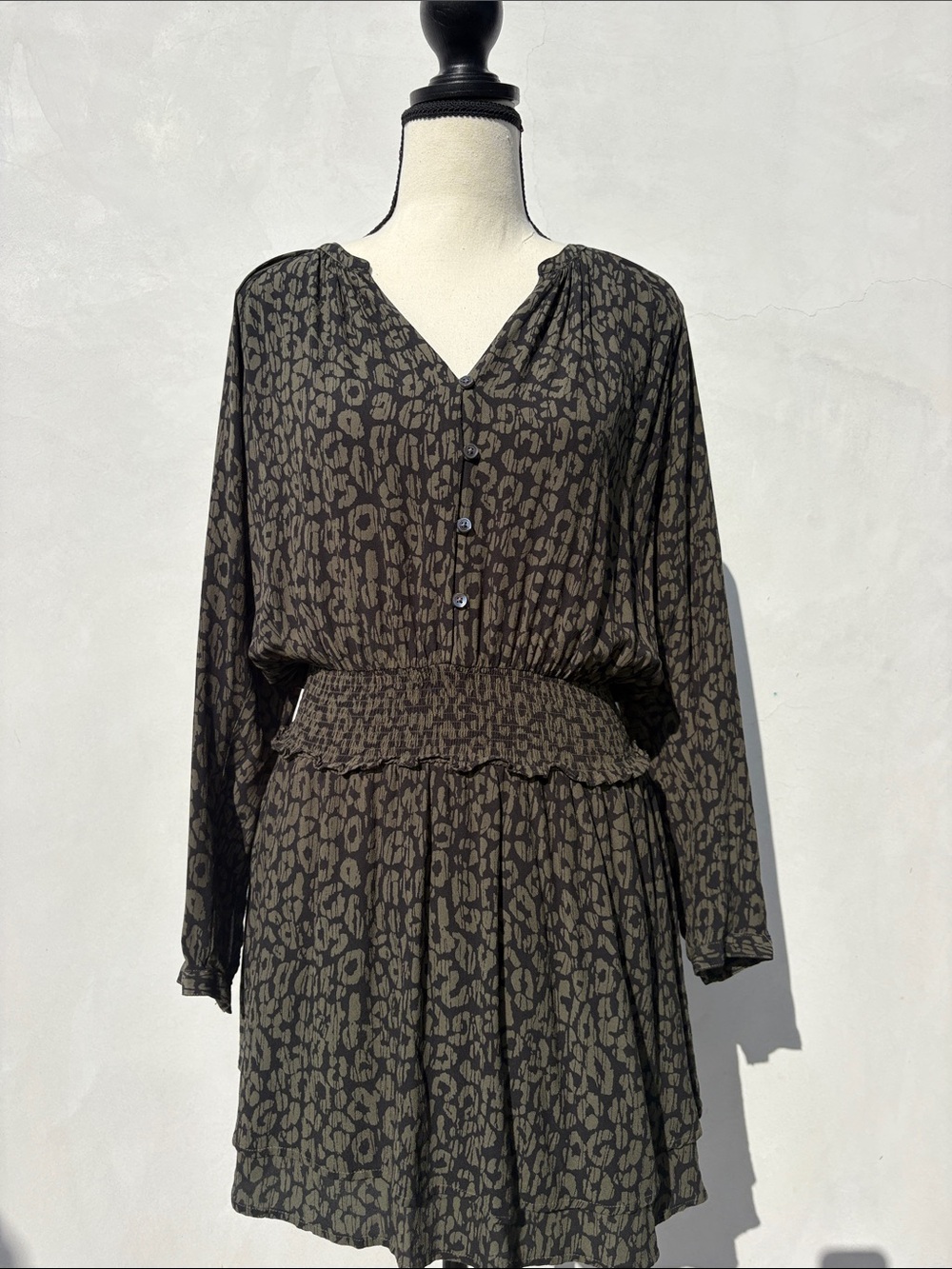 Rails Olive Leopard Print Long Sleeve Smocked Waist Dress